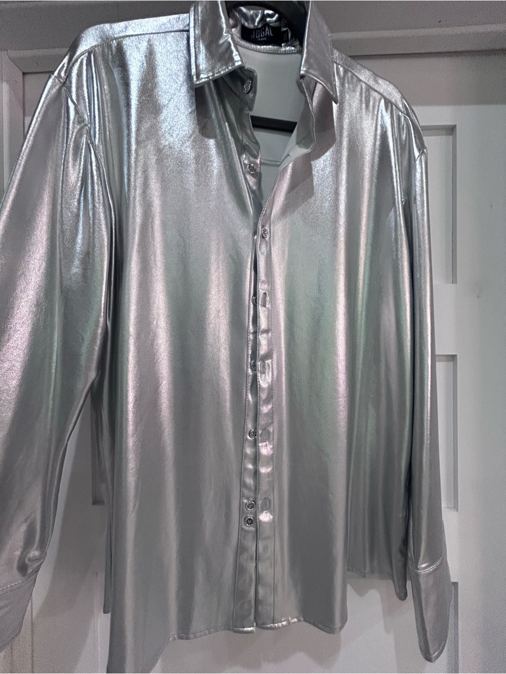 Unisex JOGAL 3XL, Metallic Silver Button-Up Shirt - Shiny Satin Finish